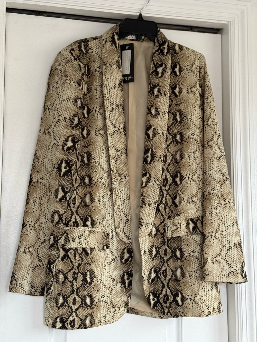 Snake-Print Blazer Jacket in Neutral Beige by